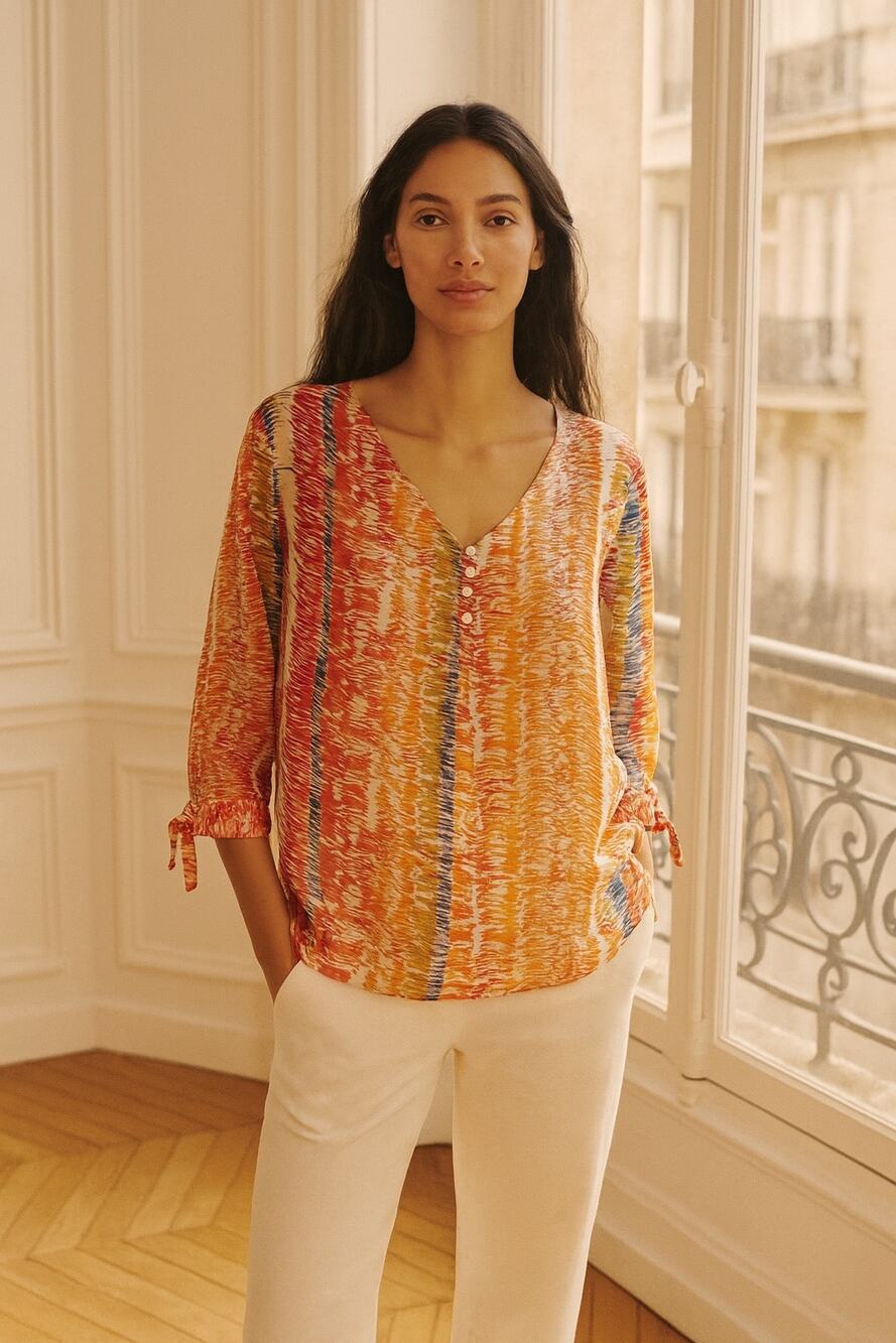 Coldwater Creek Orange Abstract Stripe V Neck  Silk Top Lg